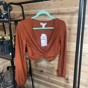 Orange Tie Front Crop Blouse